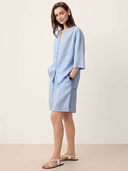 100% Linen Frog-Button Split-Neck Shirt GISELA by LINTICO