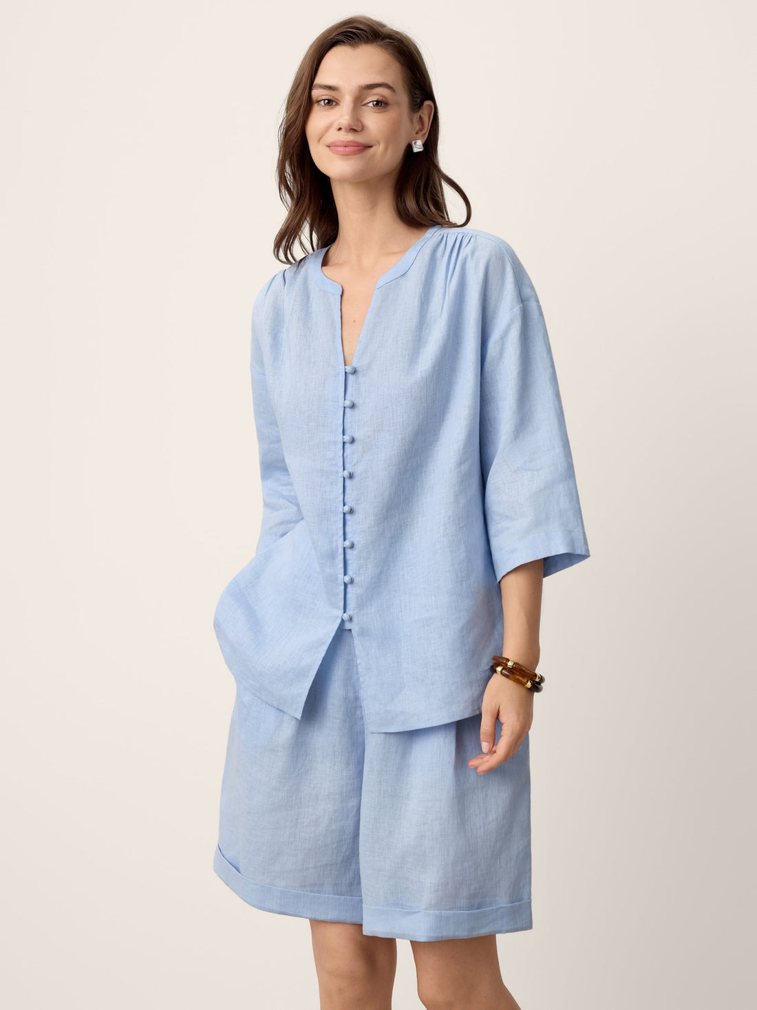 100% Linen Frog-Button Split-Neck Shirt GISELA by LINTICO