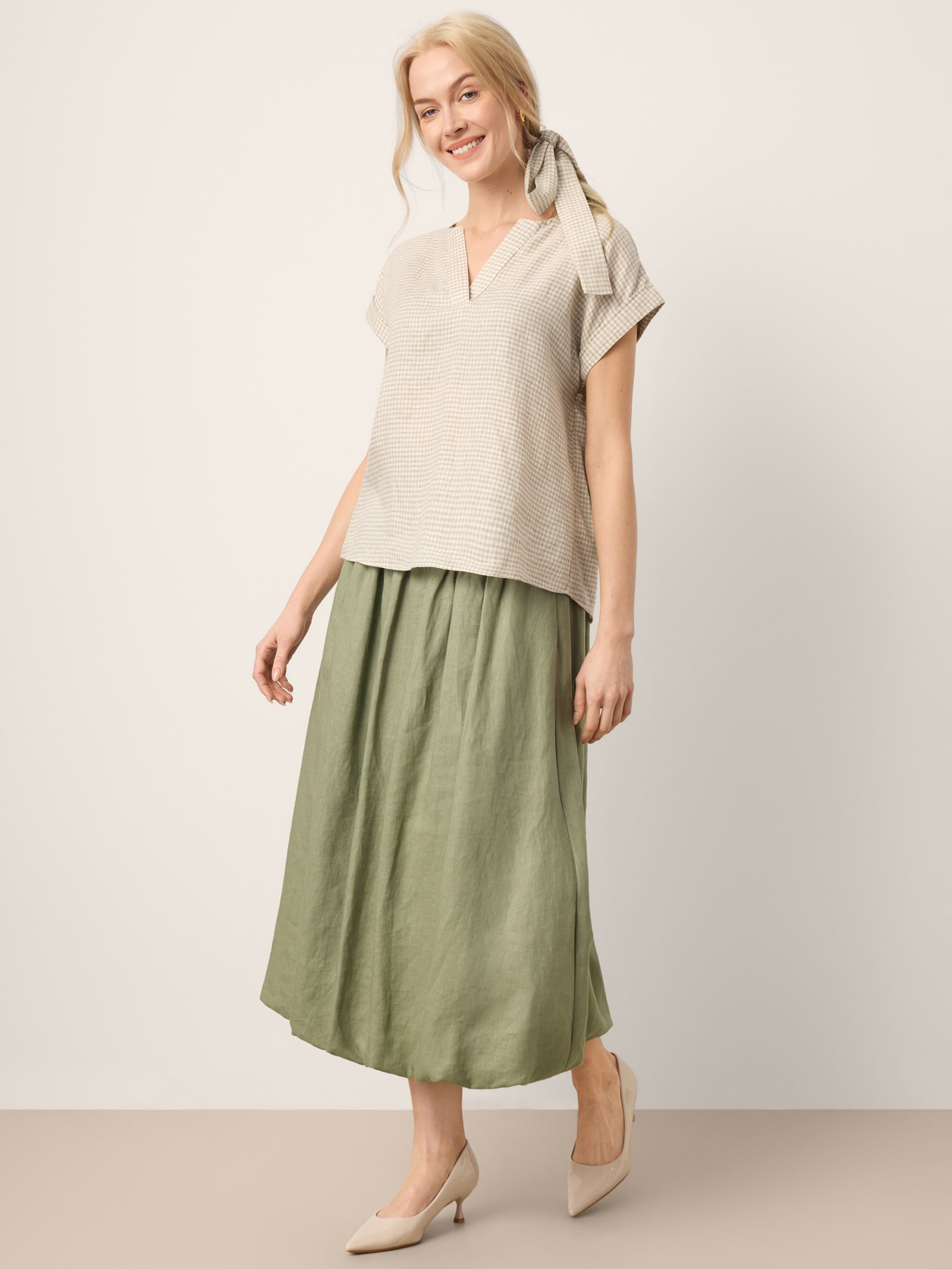 100% Linen Plaid Detachable Tie-Belt Split-Neck Top LEXIE by LINTICO