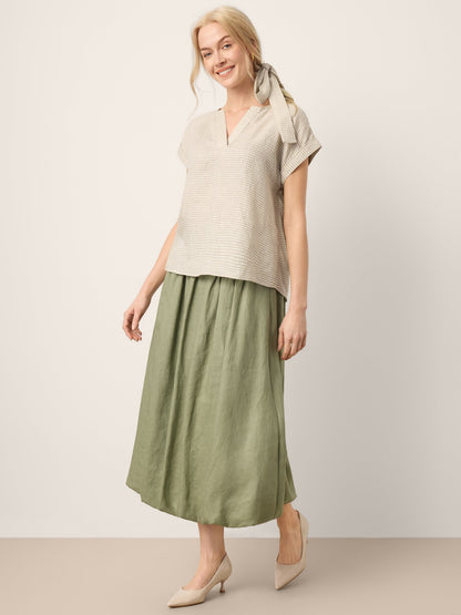 100% Linen Plaid Detachable Tie-Belt Split-Neck Top LEXIE by LINTICO