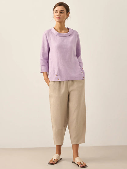 Linen Gingham Checked Round Soft-Fold Collar Top LAURA