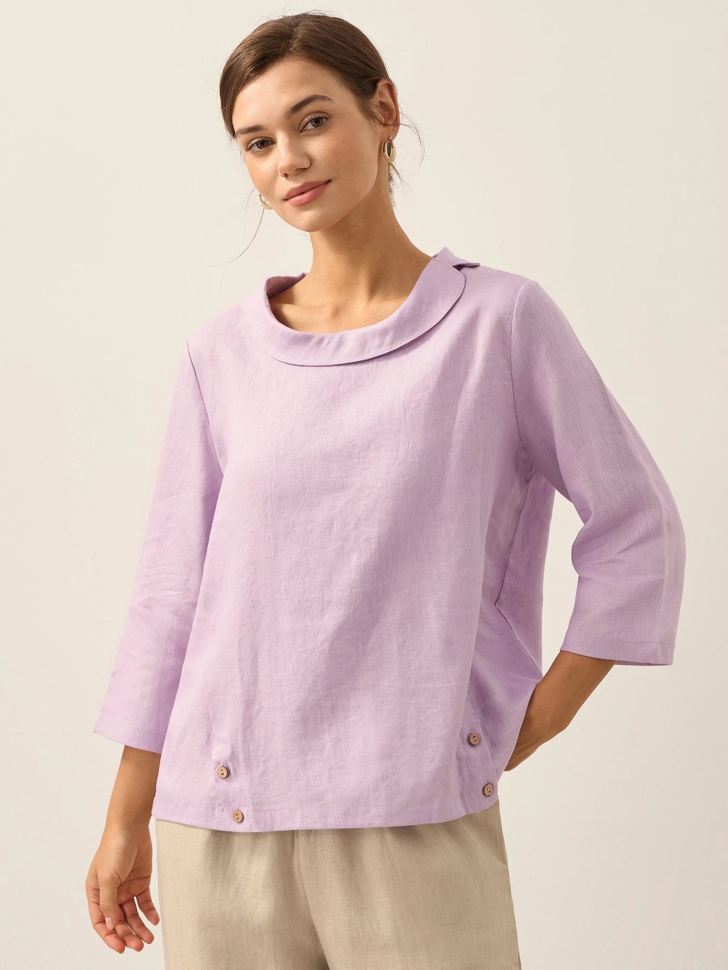 Linen Gingham Checked Round Soft-Fold Collar Top LAURA