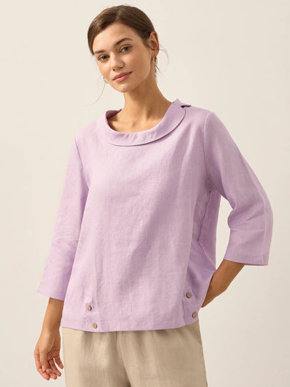 Linen Gingham Checked Round Soft-Fold Collar Top LAURA
