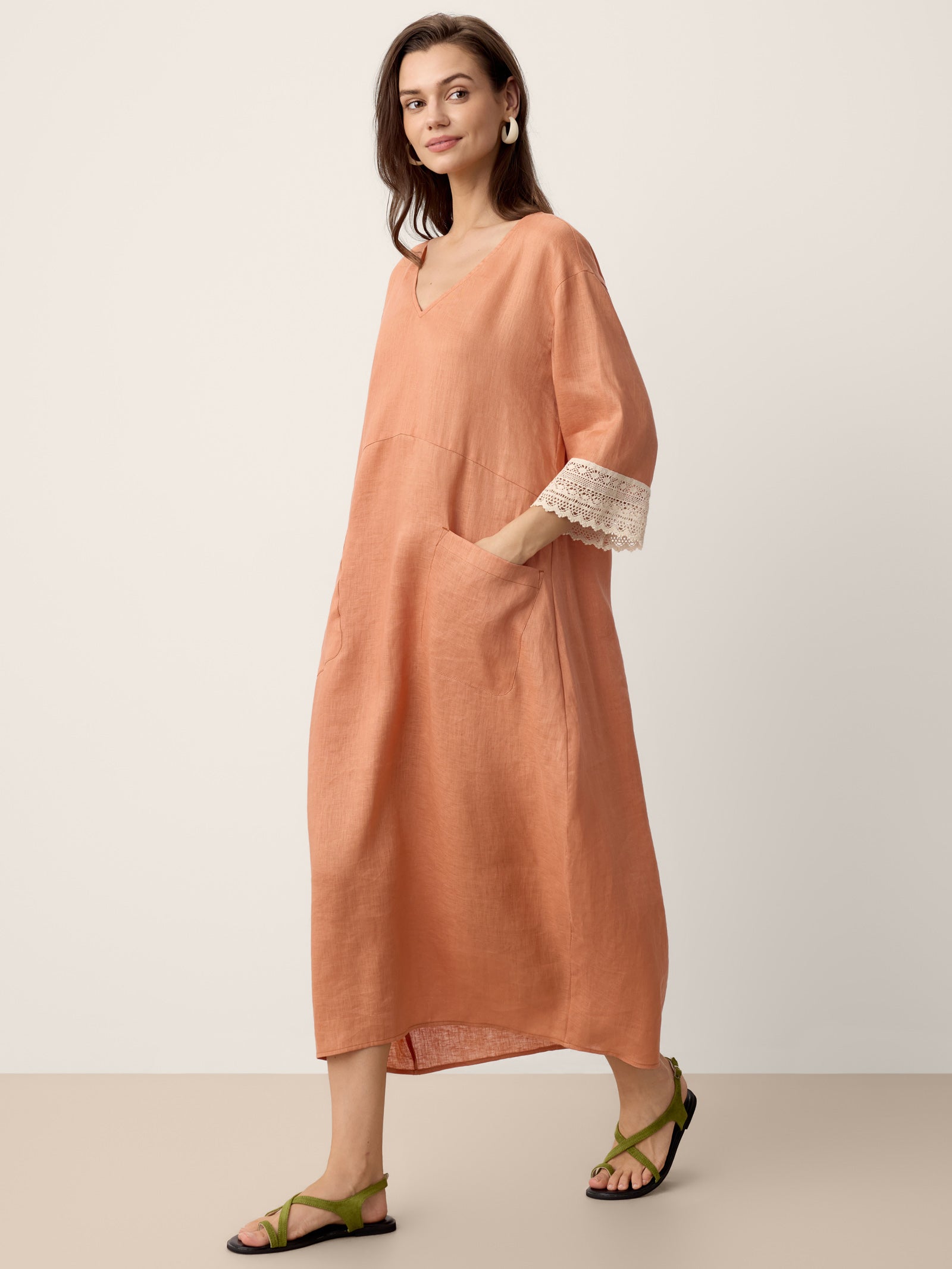 100% Linen Lace-Cuff Cocoon Midi Dress PETRA by LINTICO