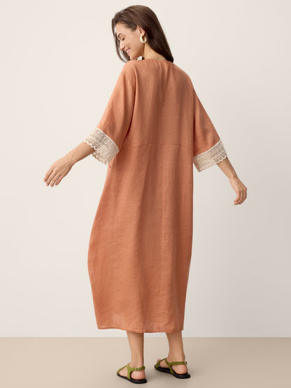 100% Linen Lace-Cuff Cocoon Midi Dress PETRA by LINTICO