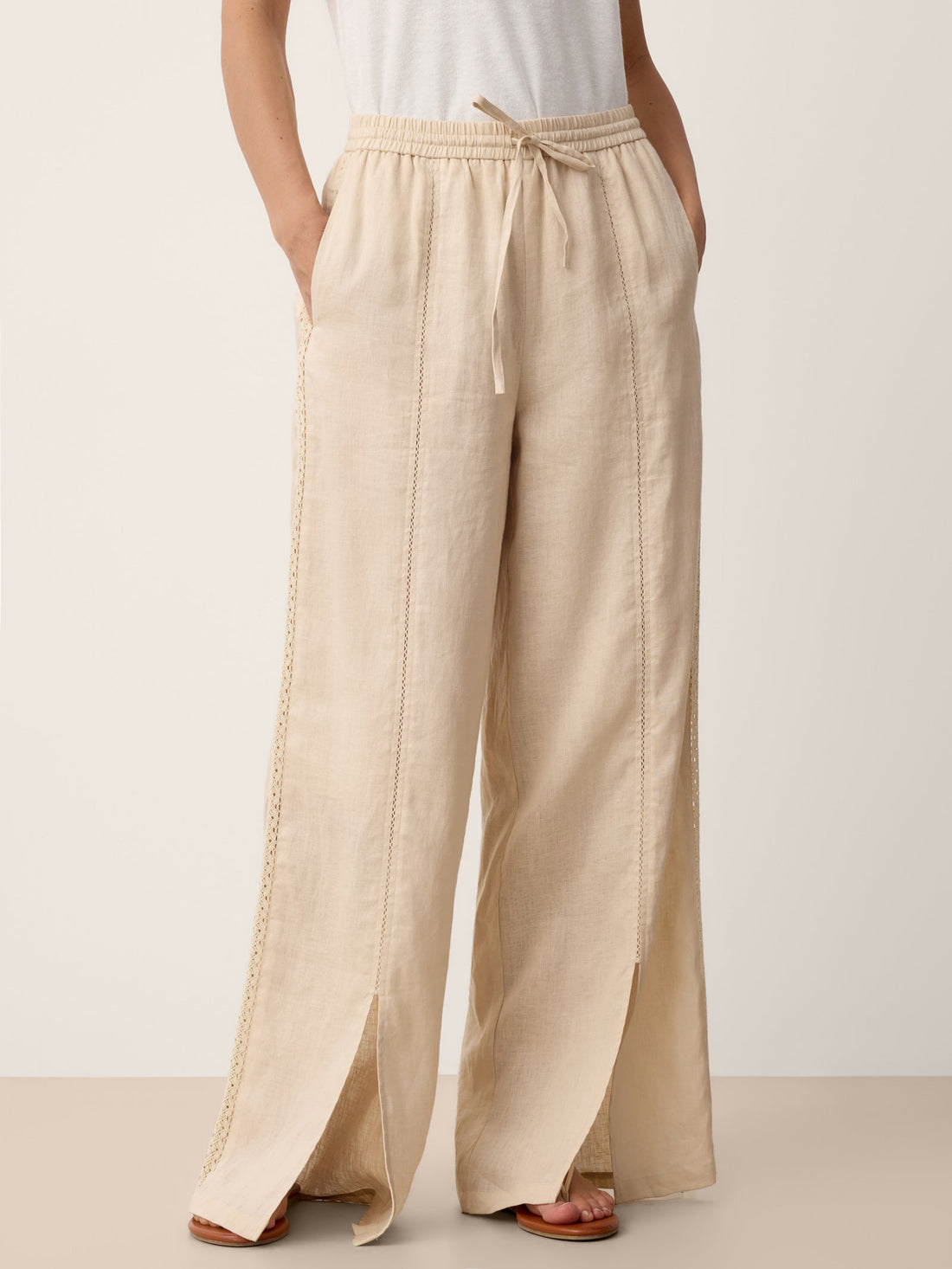 100% Linen Lace-Panel Split-Hem Pants BRONTE by LINTICO