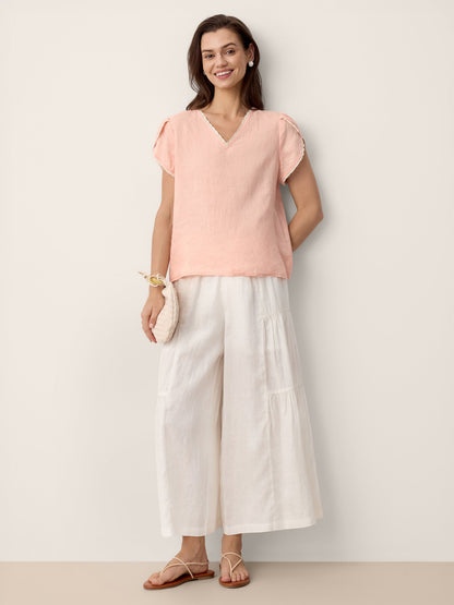 100% Linen Lace-Trim Puff-Sleeve Top NIA by LINTICO