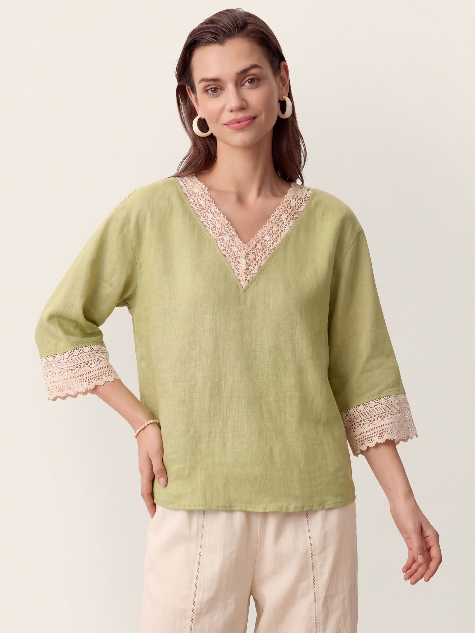 100% Linen Lace-Trim V-Neck Top KEELY by LINTICO