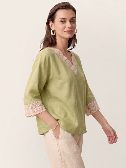 100% Linen Lace-Trim V-Neck Top KEELY by LINTICO