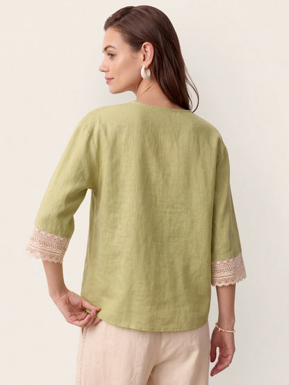 100% Linen Lace-Trim V-Neck Top KEELY by LINTICO