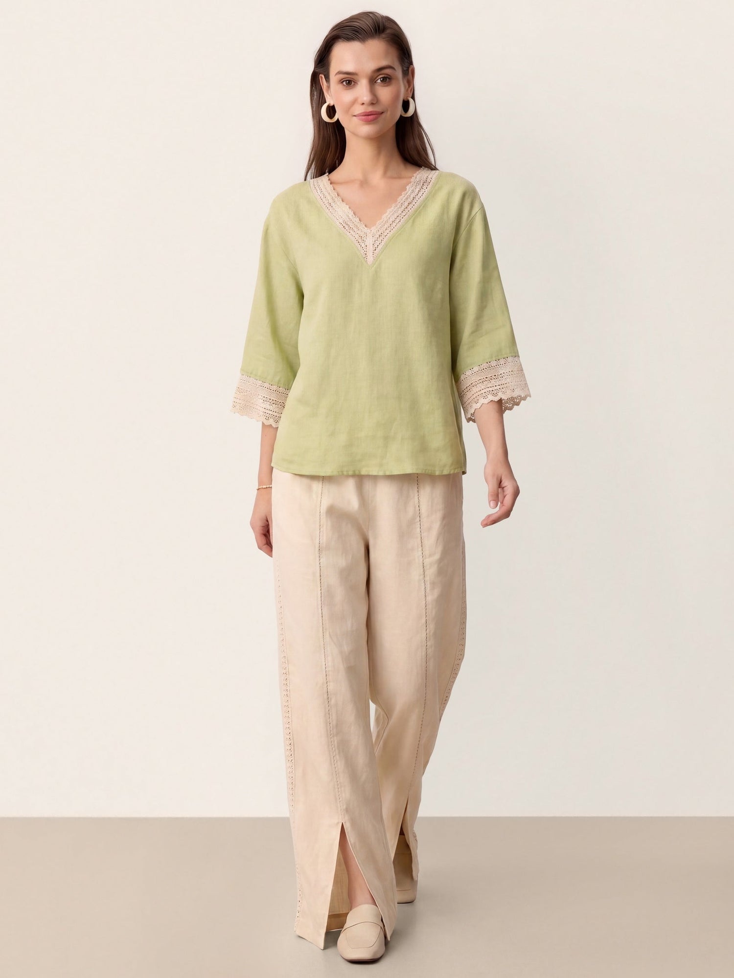 100% Linen Lace-Trim V-Neck Top KEELY by LINTICO