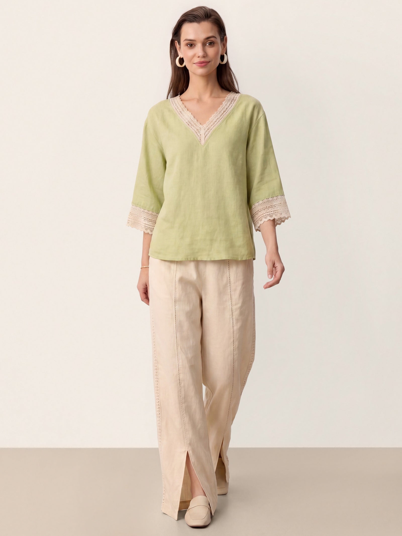 100% Linen Lace-Trim V-Neck Top KEELY by LINTICO