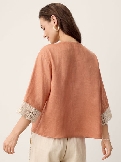 100% Linen Lace-Trim V-Neck Top KEELY by LINTICO