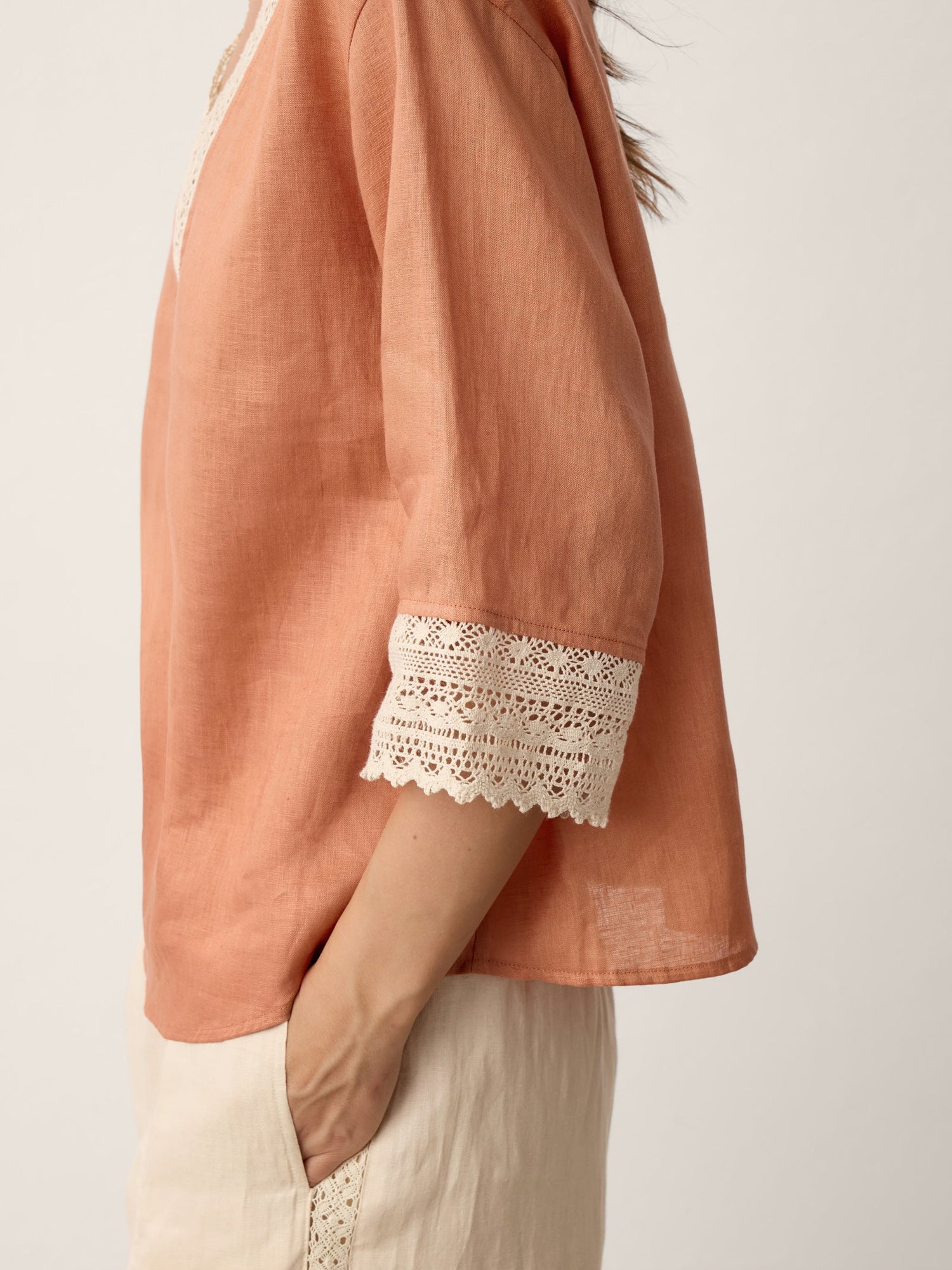 100% Linen Lace-Trim V-Neck Top KEELY by LINTICO