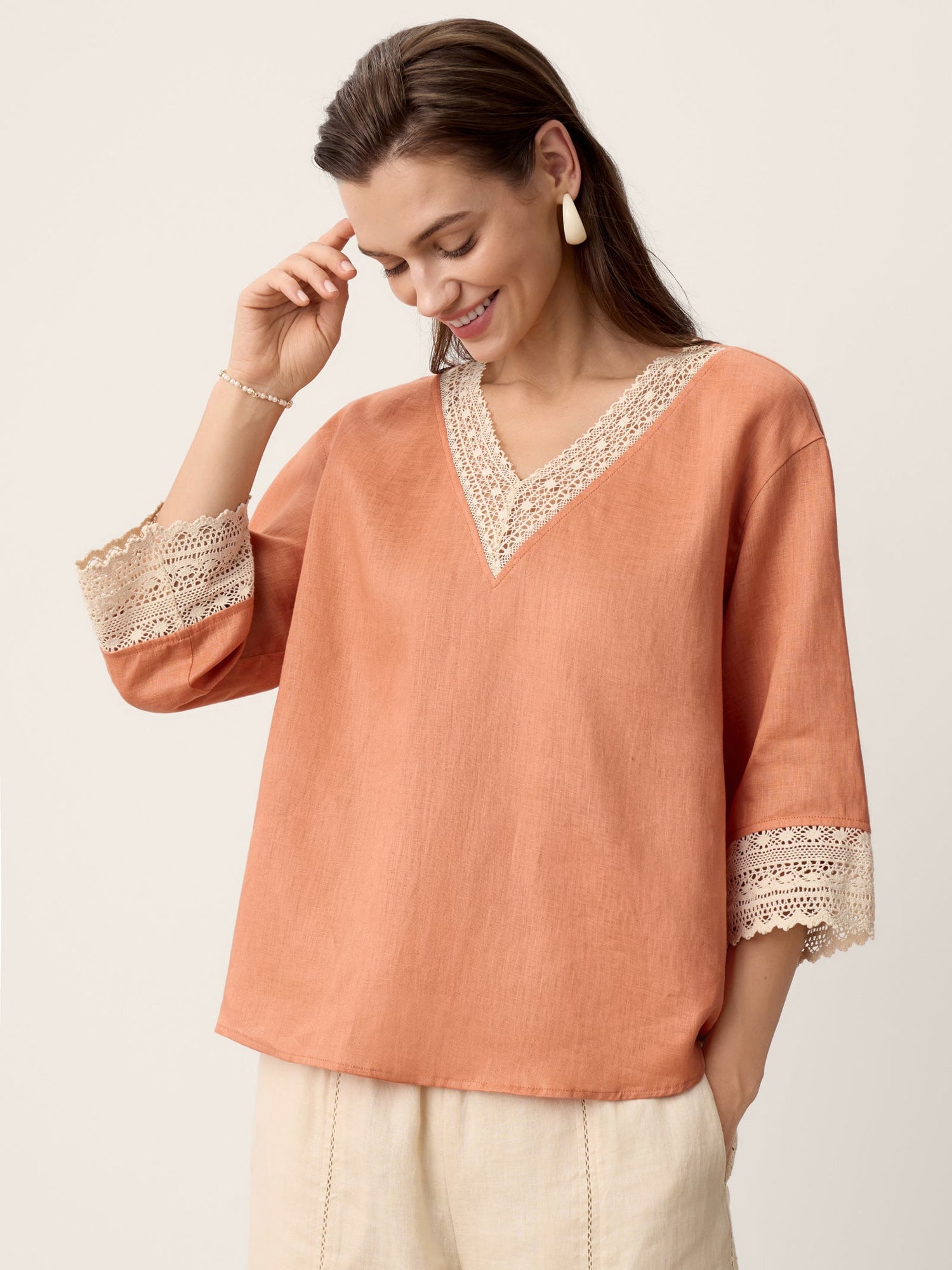 100% Linen Lace-Trim V-Neck Top KEELY by LINTICO