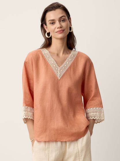 100% Linen Lace-Trim V-Neck Top KEELY by LINTICO