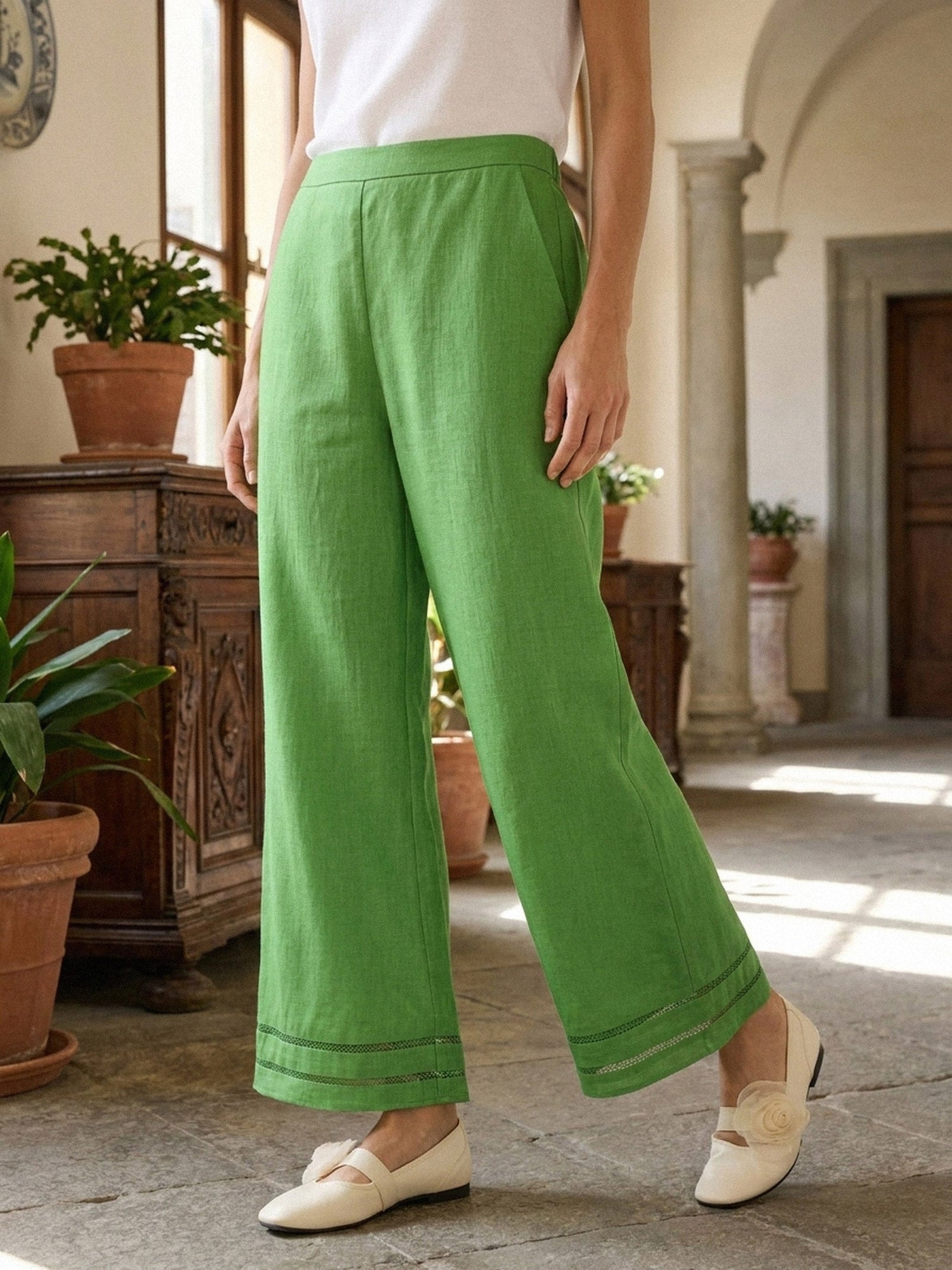 100% Linen Lace Trim Elasticated Waist Cropped Flare Pants NERINA by LINTICO