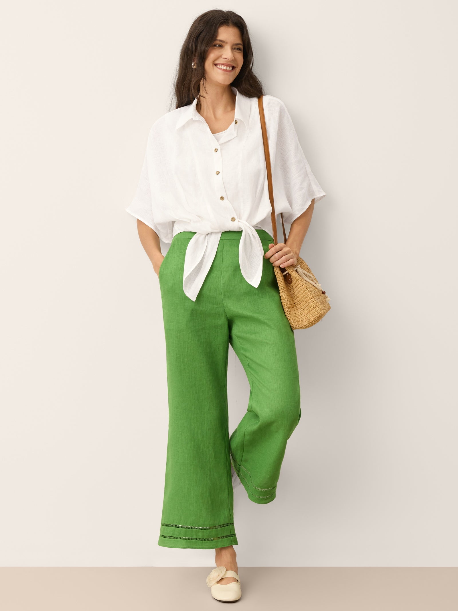 100% Linen Lace Trim Elasticated Waist Cropped Flare Pants NERINA by LINTICO