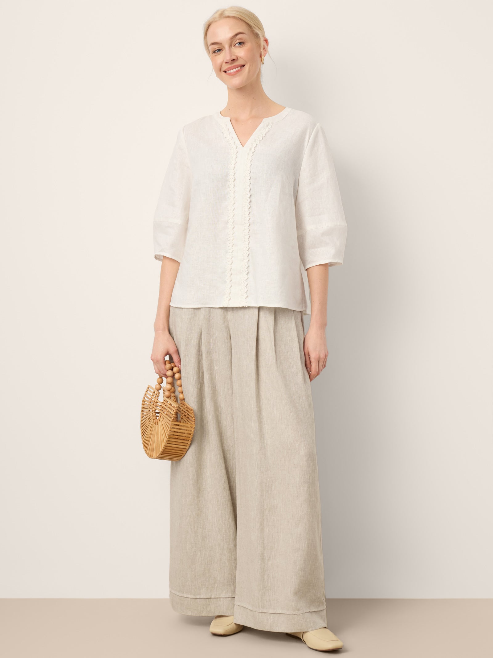 100% Linen Lace Trim Lantern Sleeve V-Neck Top LIVIAN by LINTICO