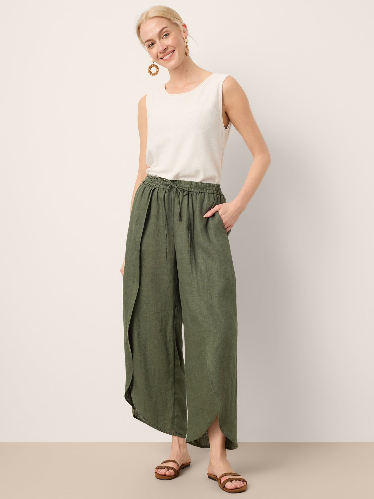 100% Linen Layered Slit Wide-Leg Drawstring Pants PEREGRINE by LINTICO