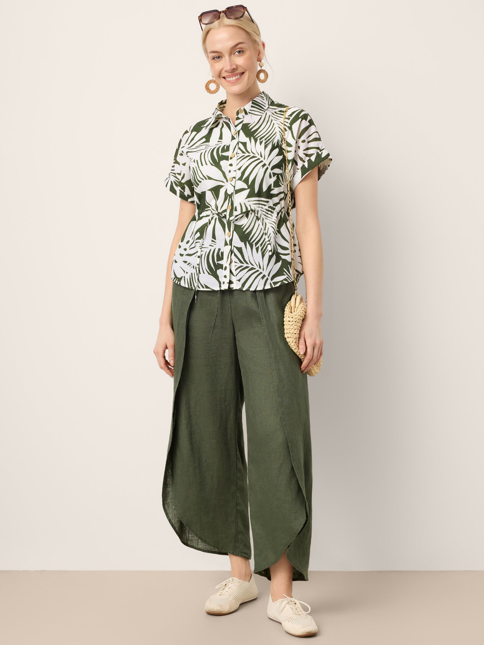 100% Linen Layered Slit Wide-Leg Drawstring Pants PEREGRINE by LINTICO