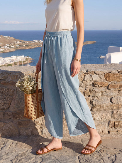 100% Linen Layered Slit Wide-Leg Drawstring Pants PEREGRINE by LINTICO