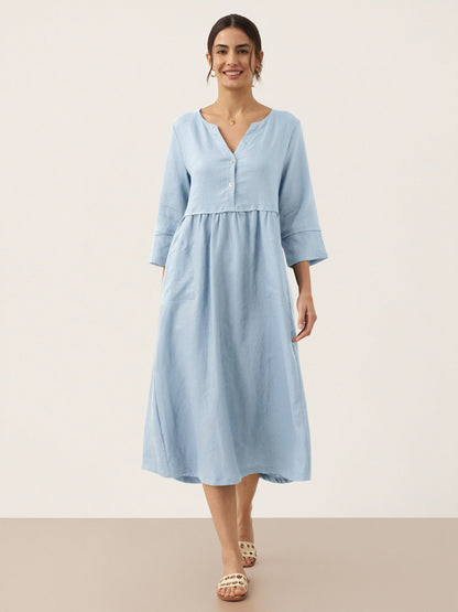 100% Linen Loose Fit Button Waist Gathered Midi Dress LUNA by LINTICO