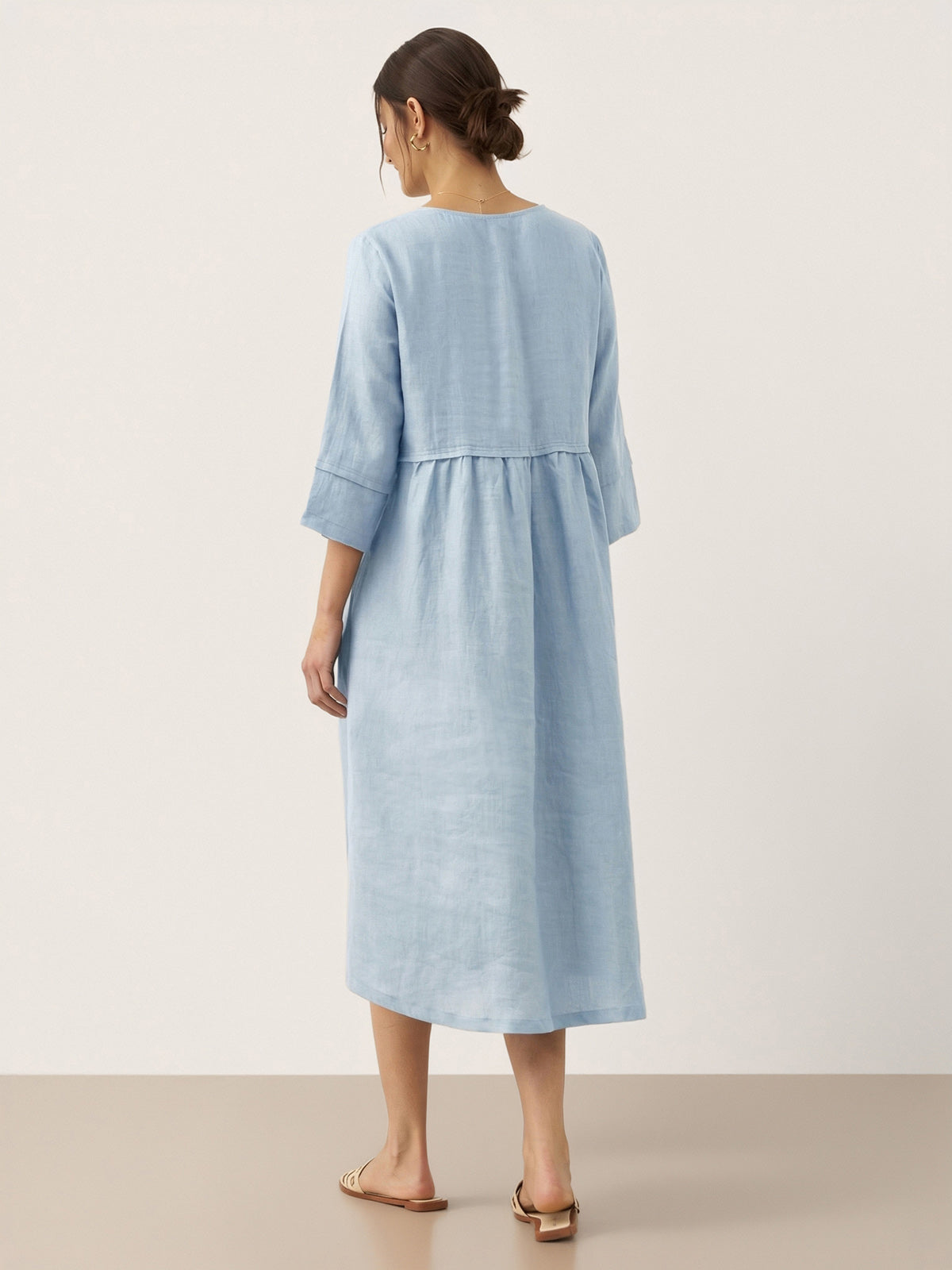 100% Linen Loose Fit Button Waist Gathered Midi Dress LUNA by LINTICO