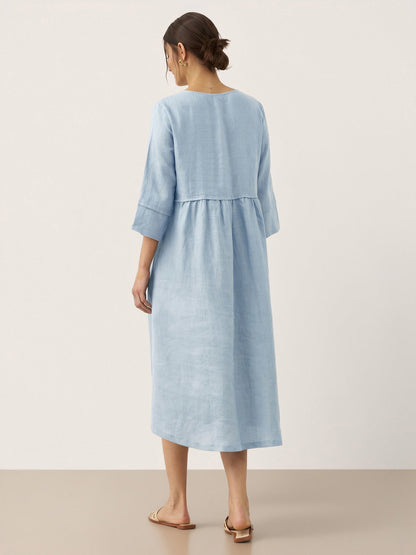 100% Linen Loose Fit Button Waist Gathered Midi Dress LUNA by LINTICO
