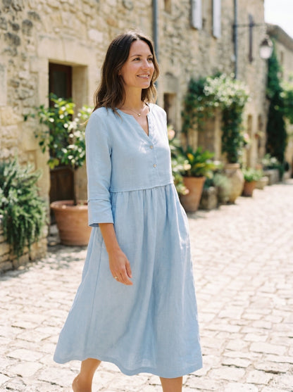 100% Linen Loose Fit Button Waist Gathered Midi Dress LUNA by LINTICO