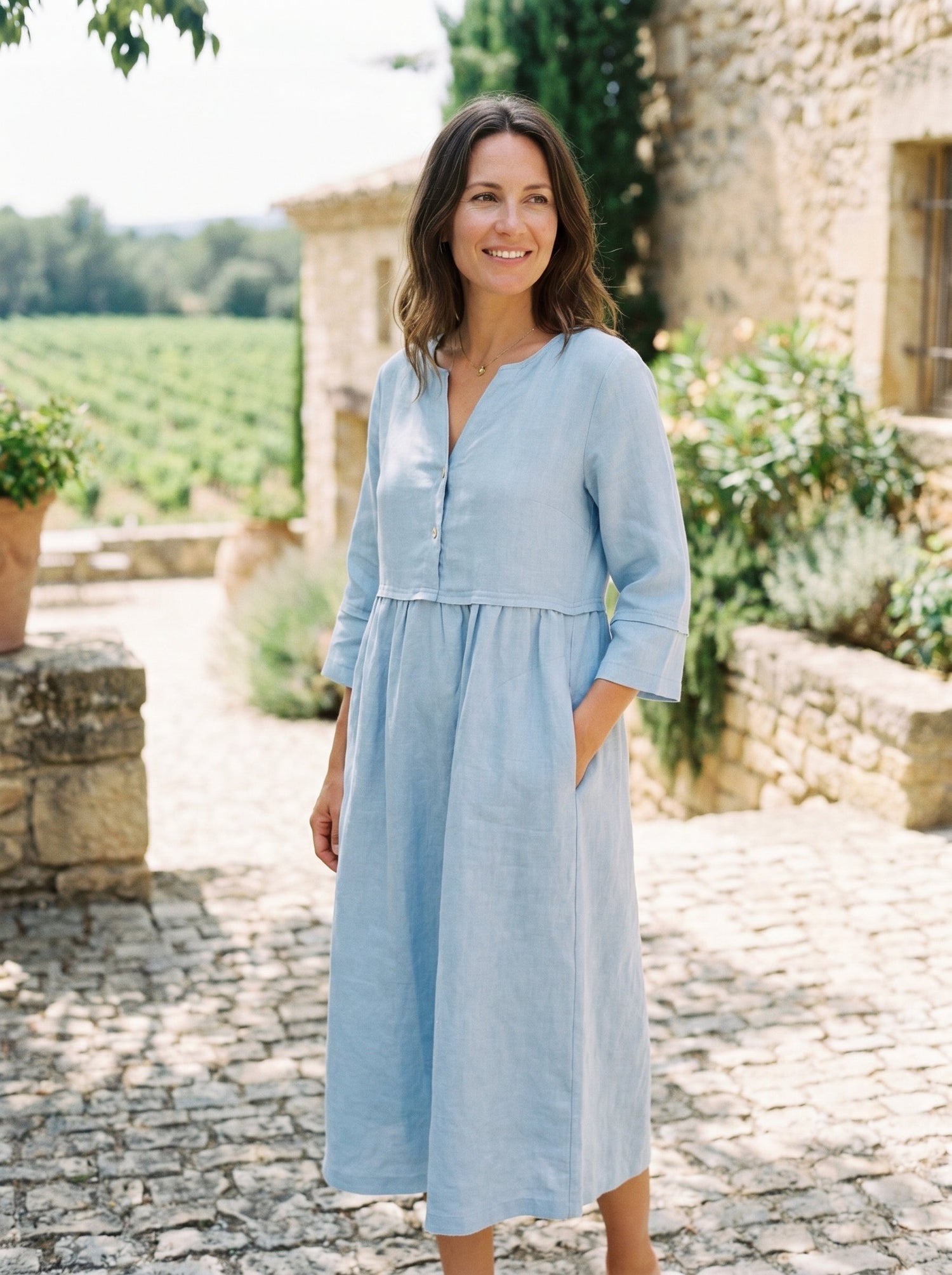 100% Linen Loose Fit Button Waist Gathered Midi Dress LUNA by LINTICO