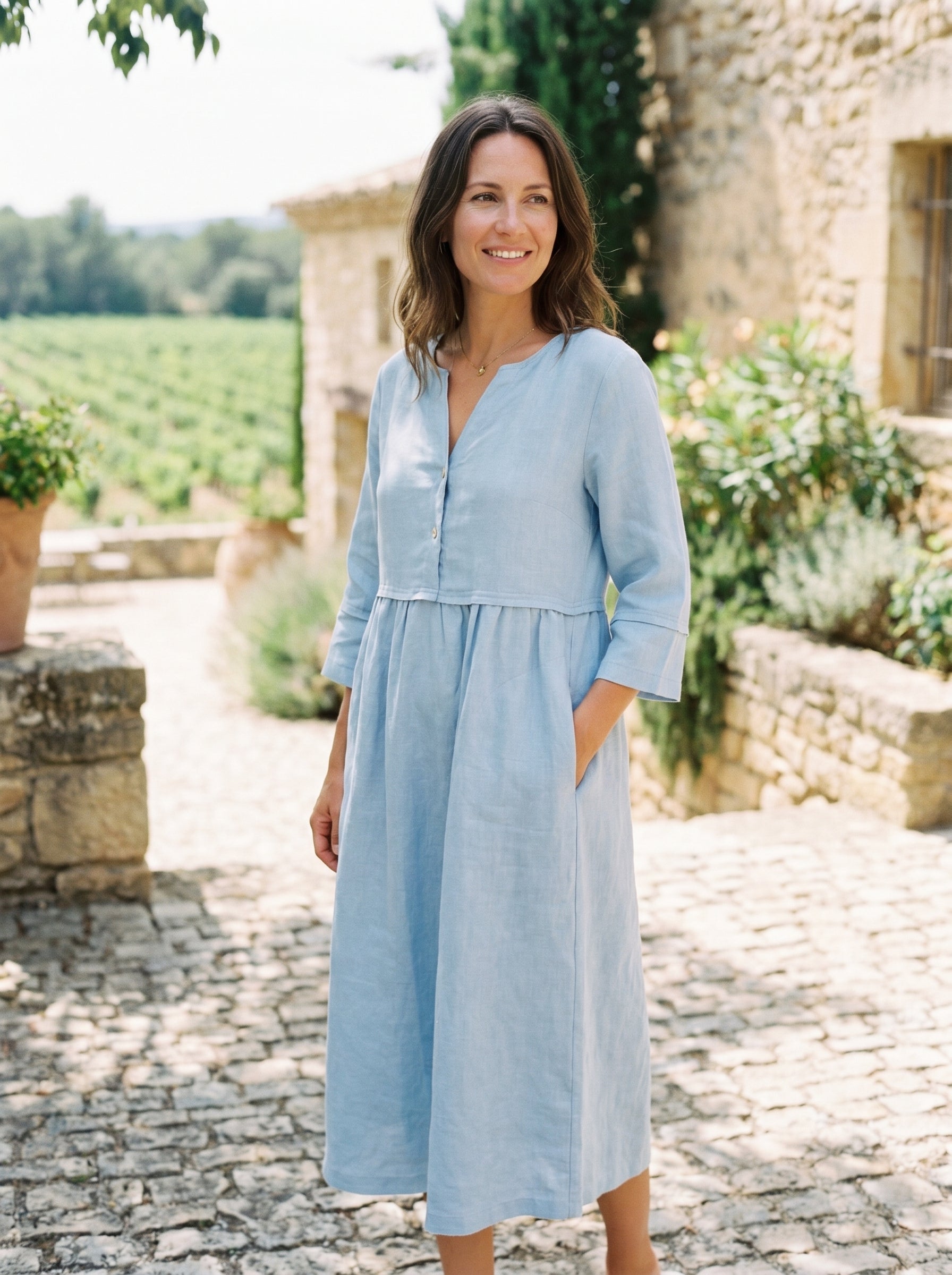 100% Linen Loose Fit Button Waist Gathered Midi Dress LUNA by LINTICO
