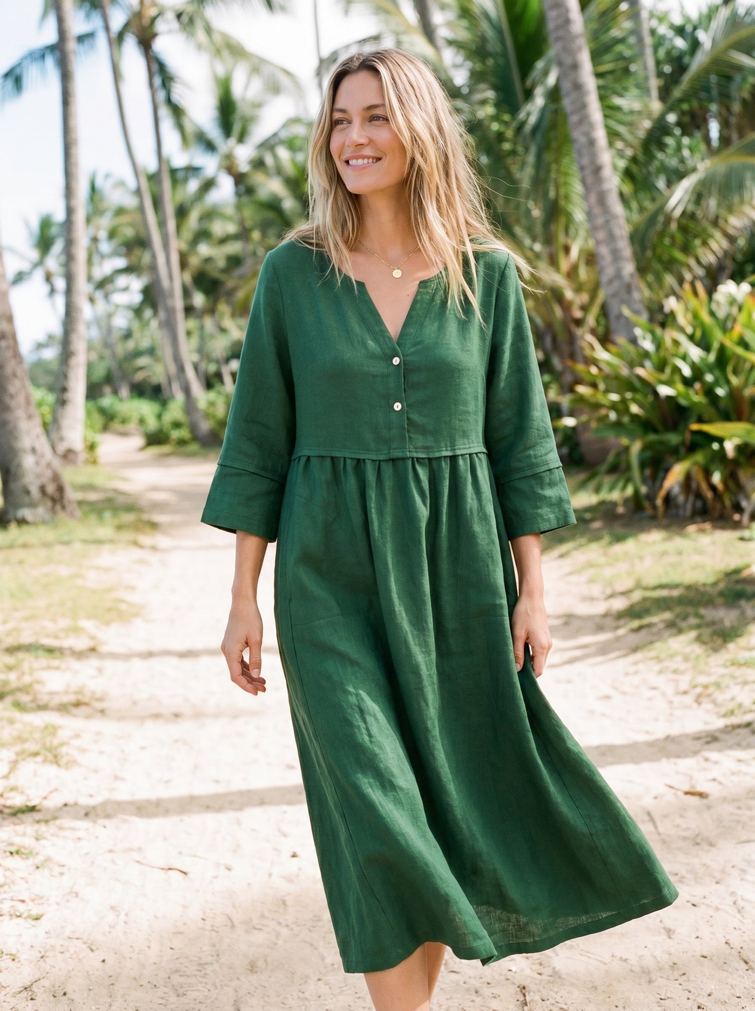 100% Linen Loose Fit Button Waist Gathered Midi Dress LUNA by LINTICO