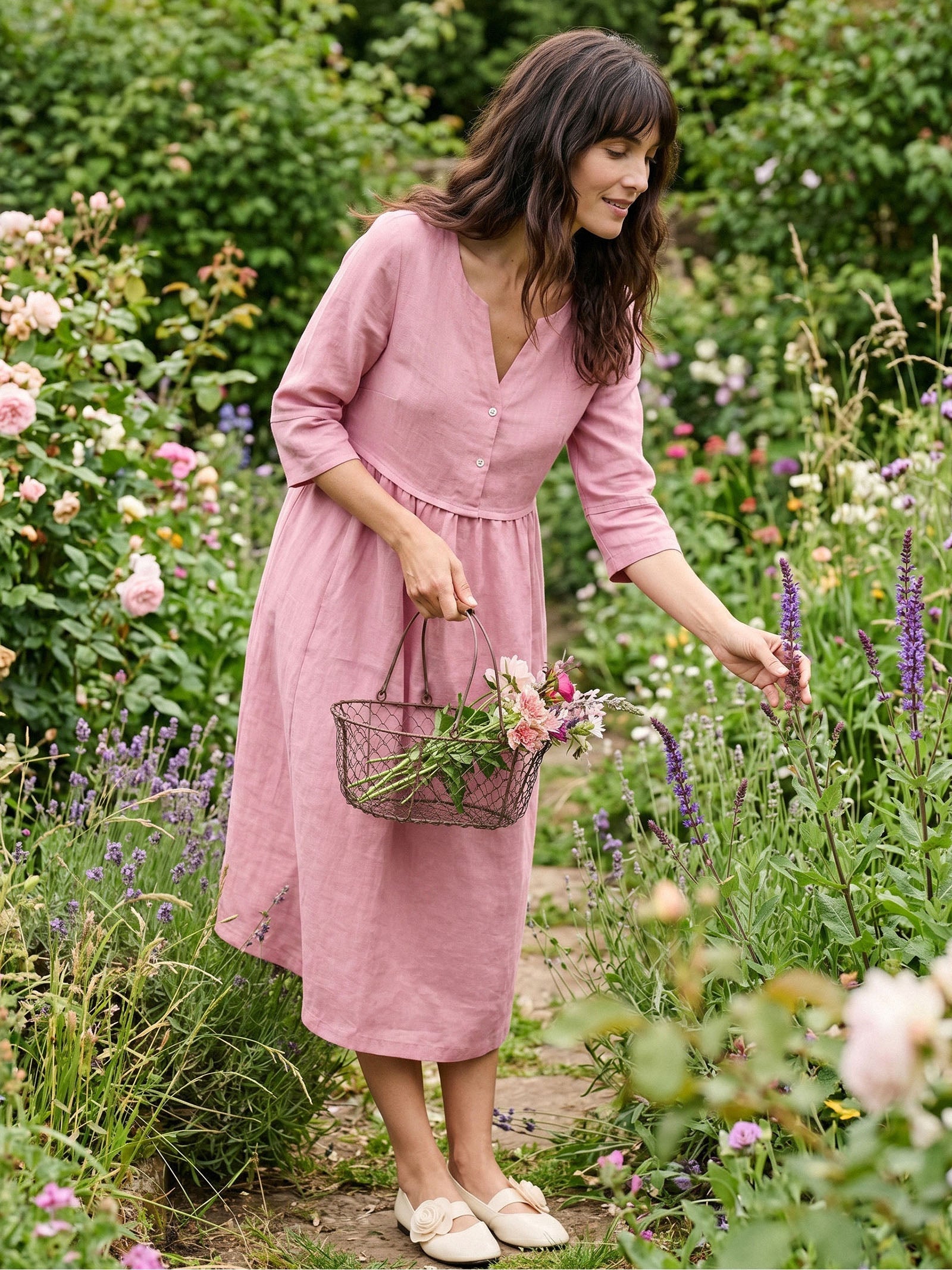 100% Linen Loose Fit Button Waist Gathered Midi Dress LUNA by LINTICO