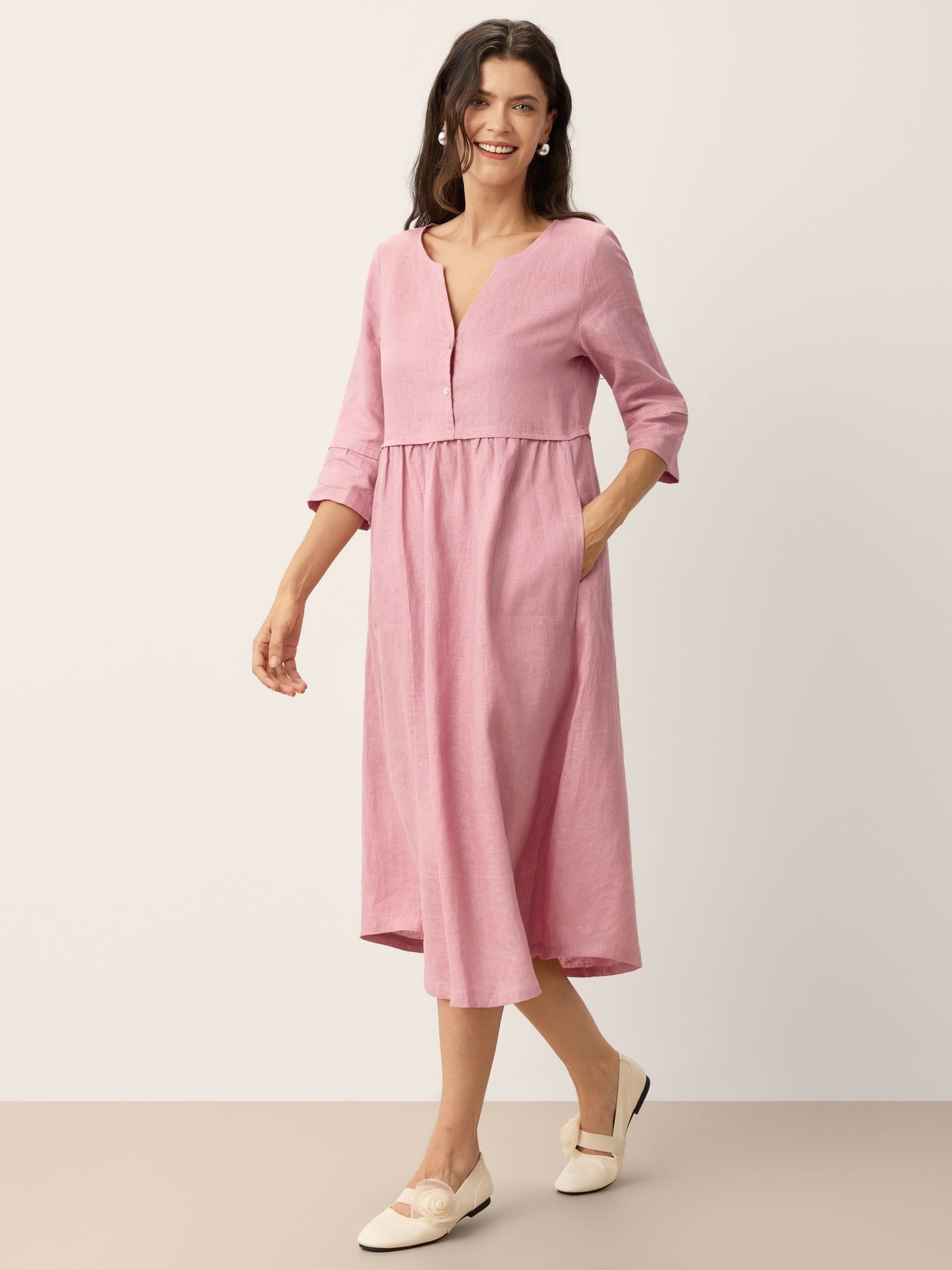 100% Linen Loose Fit Button Waist Gathered Midi Dress LUNA by LINTICO
