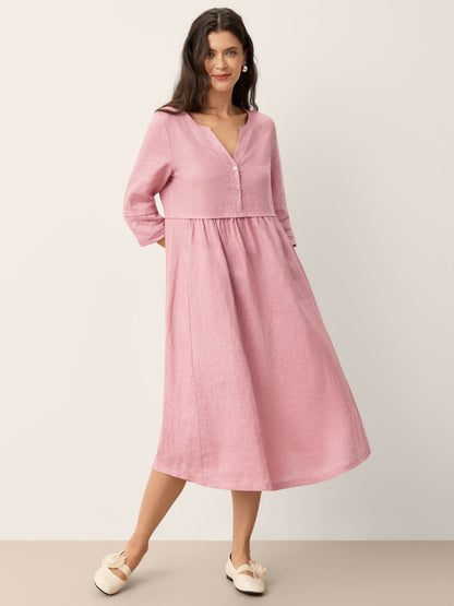 100% Linen Loose Fit Button Waist Gathered Midi Dress LUNA by LINTICO