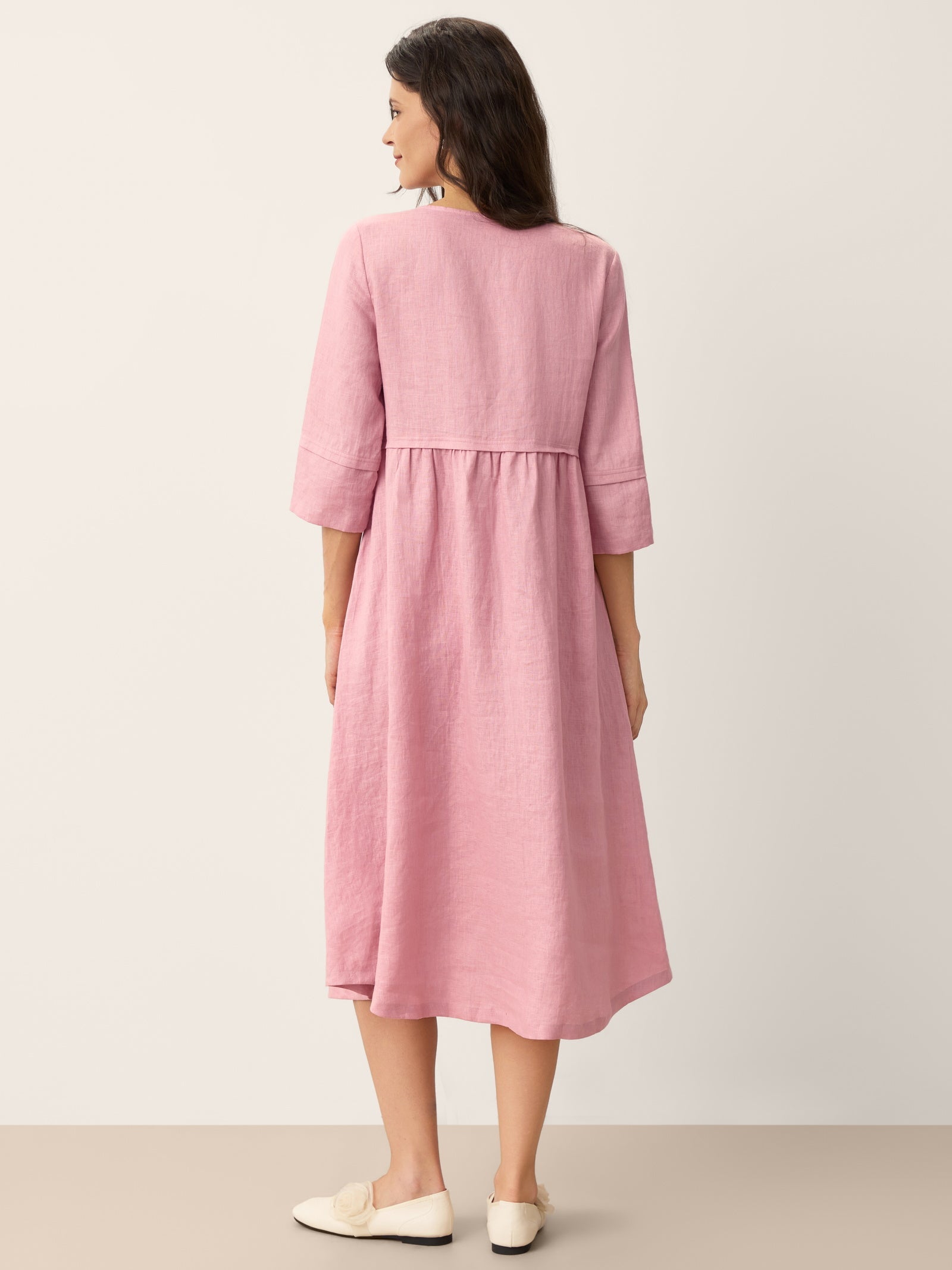 100% Linen Loose Fit Button Waist Gathered Midi Dress LUNA by LINTICO