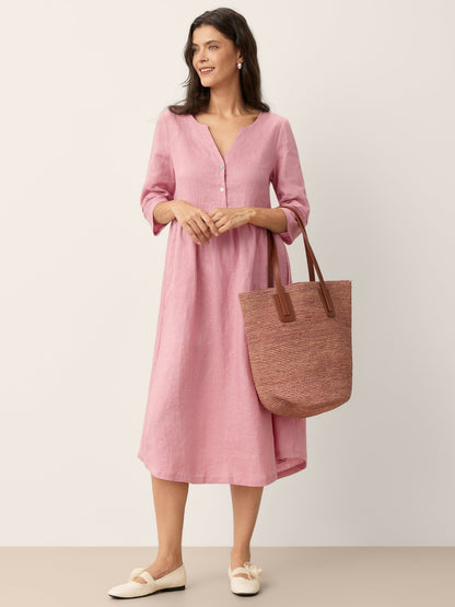 100% Linen Loose Fit Button Waist Gathered Midi Dress LUNA by LINTICO