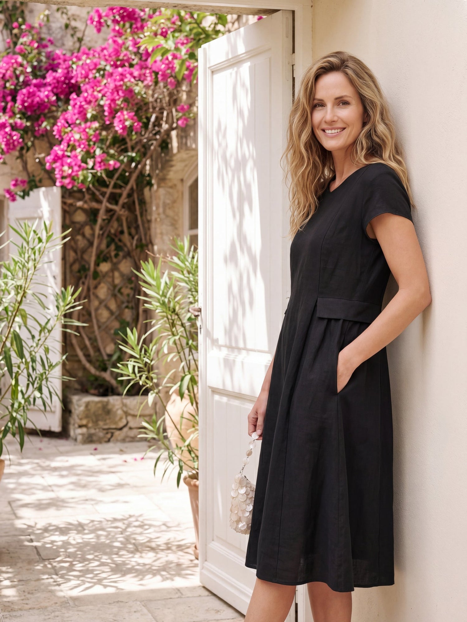 100% Linen Natural Summer V-Neck Dress ALEXA by LINTICO