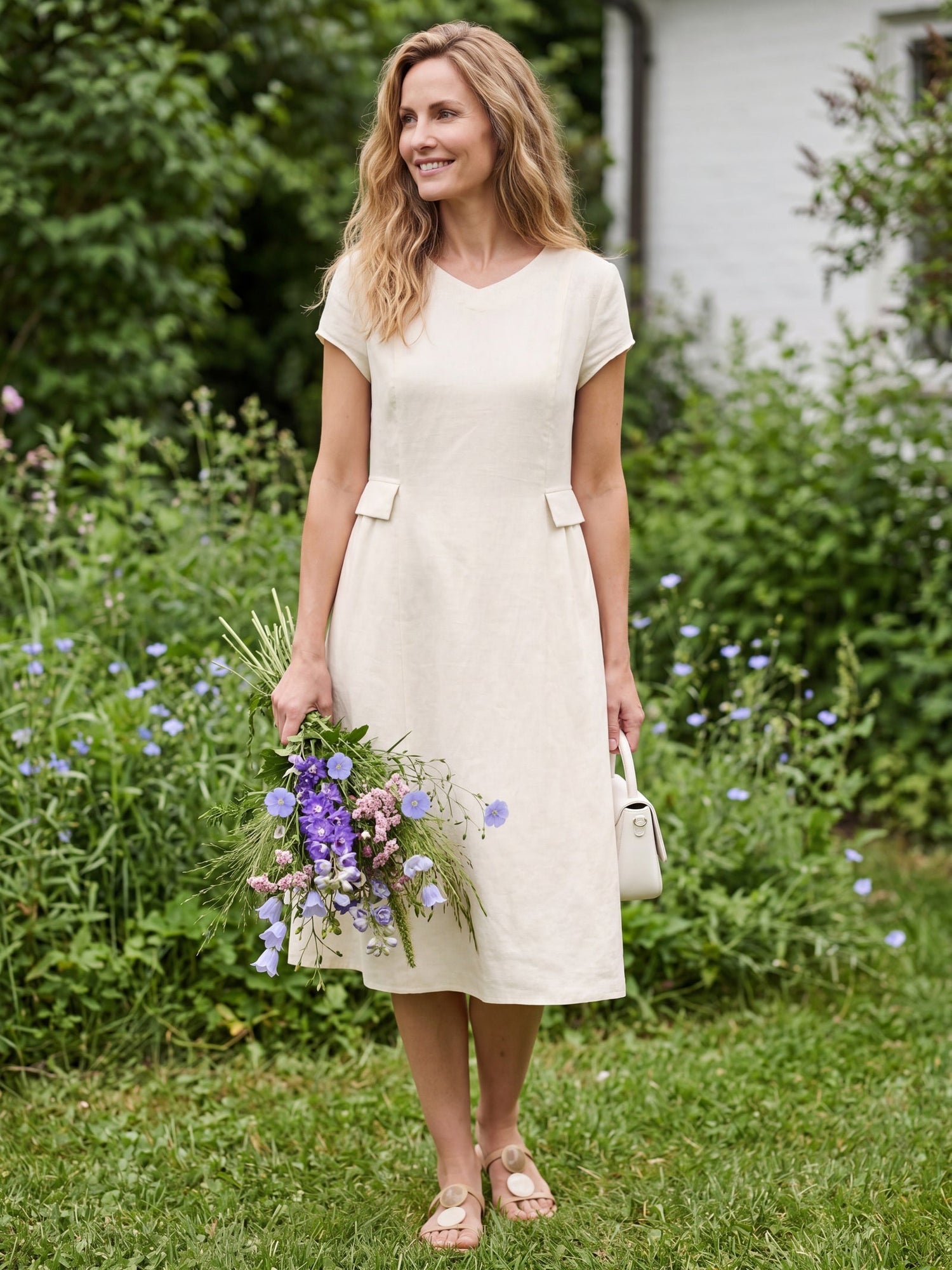 100% Linen Natural Summer V-Neck Dress ALEXA by LINTICO