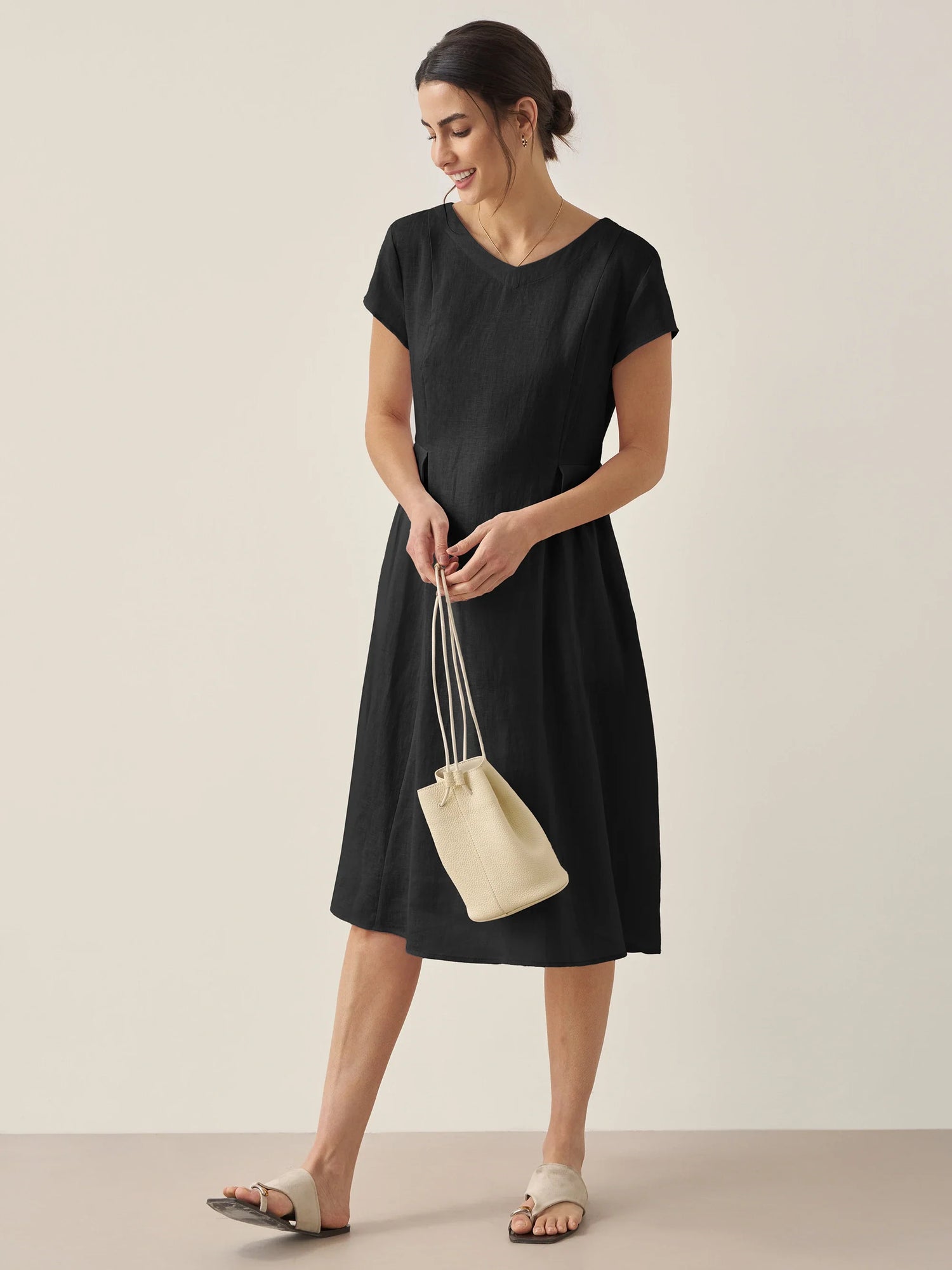 100% Linen Natural Summer V-Neck Dress ALEXA by LINTICO