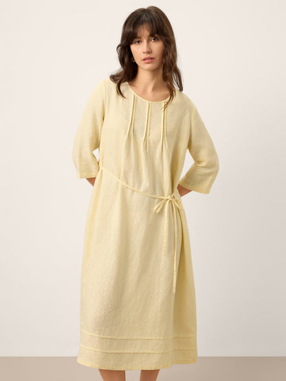 100% Linen Pintucked Embroidered Adjustable Belt Tiered Midi Dres VERENA by LINTICO