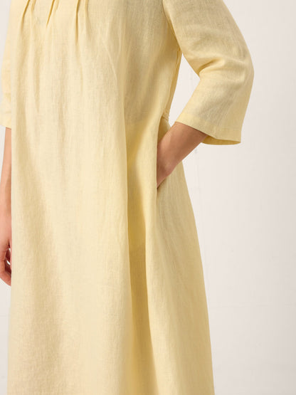 100% Linen Pintucked Embroidered Adjustable Belt Tiered Midi Dres VERENA by LINTICO