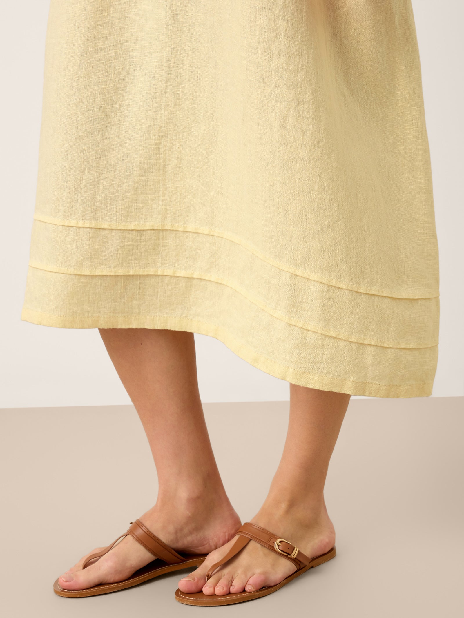 100% Linen Pintucked Embroidered Adjustable Belt Tiered Midi Dres VERENA by LINTICO
