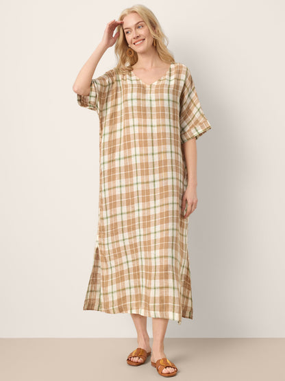 100% Linen Plaid Deep V-Neck Drop Shoulder Side Slit Midi Dress LESLIE by LINTICO