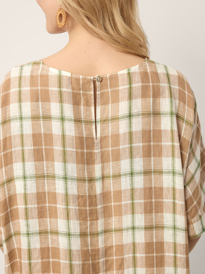 100% Linen Plaid Deep V-Neck Drop Shoulder Side Slit Midi Dress LESLIE by LINTICO