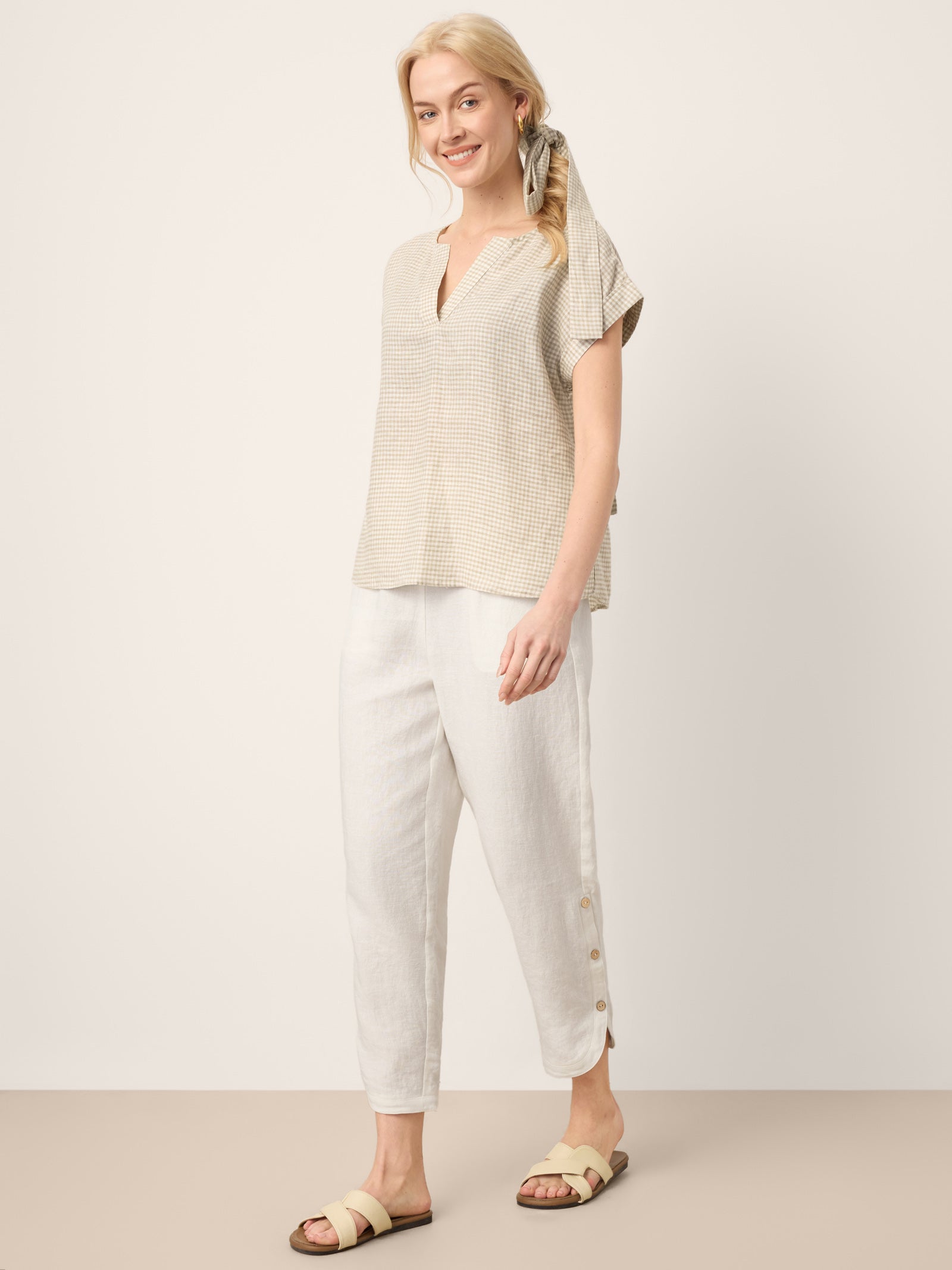 100% Linen Plaid Detachable Tie-Belt Split-Neck Top LEXIE by LINTICO
