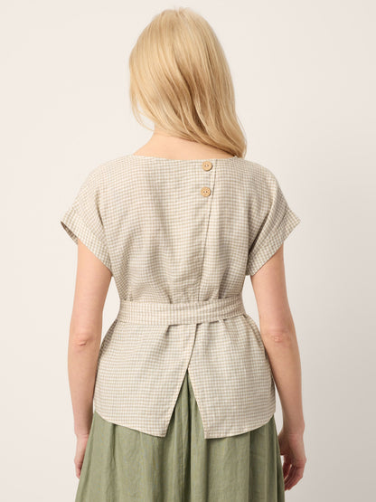 100% Linen Plaid Detachable Tie-Belt Split-Neck Top LEXIE by LINTICO