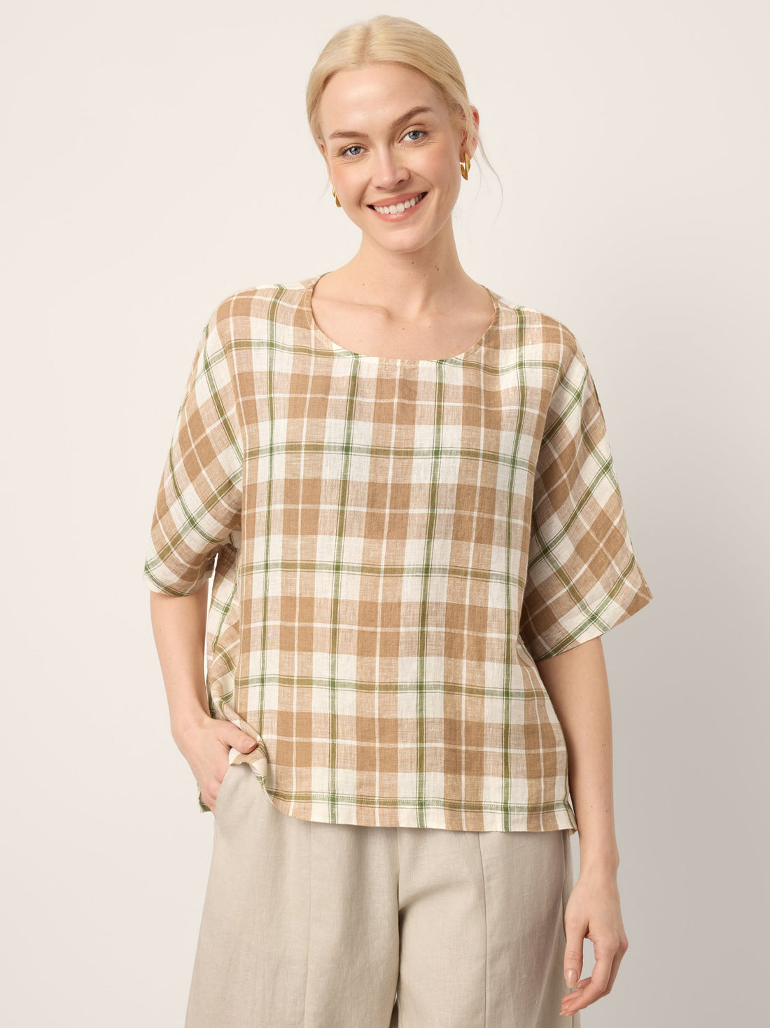 100% Linen Plaid Drop Shoulder Side Slit Top LORNA by LINTICO