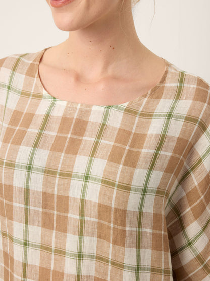 100% Linen Plaid Drop Shoulder Side Slit Top LORNA by LINTICO